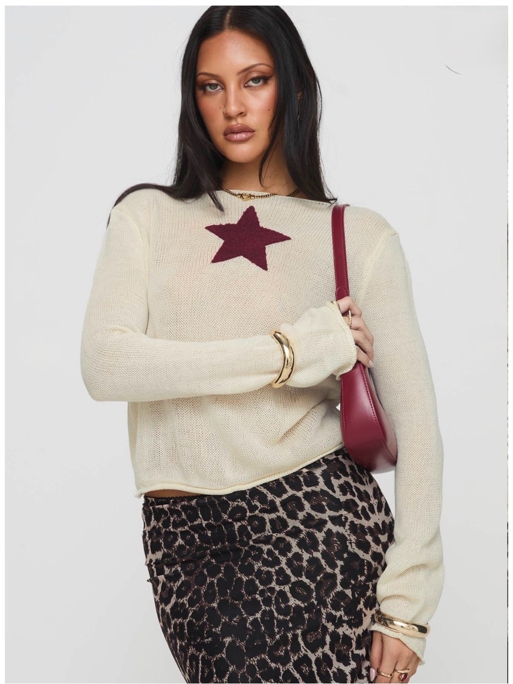 Princess Polly Big Star Knit Sweater, Cream, size M/ L